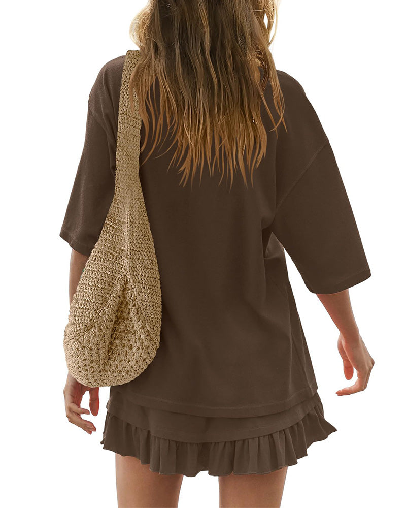 Tweedelige Set Ronde Hals Effen Kleur