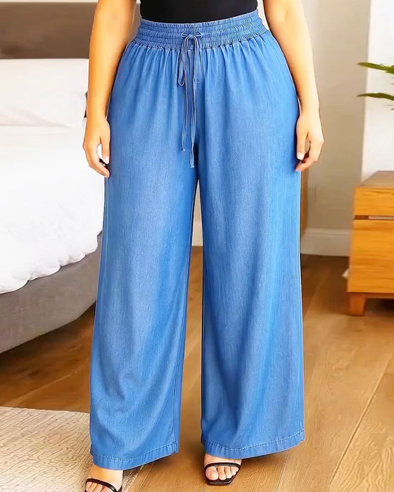 Broek Elastische Taille Trekkoord Effen Wijd Pijp Lang