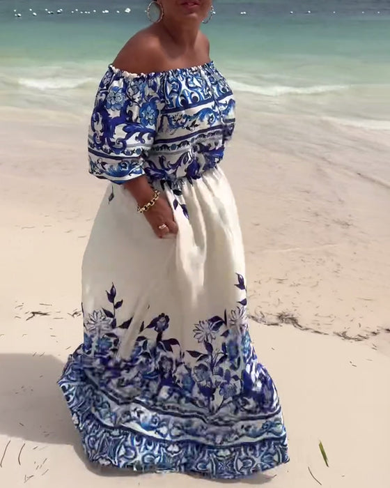 Jurk Off-Shoulder Gedrukt Resort