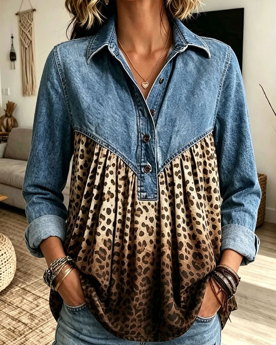 Top Denim Luipaardprint Patchwork Kraag
