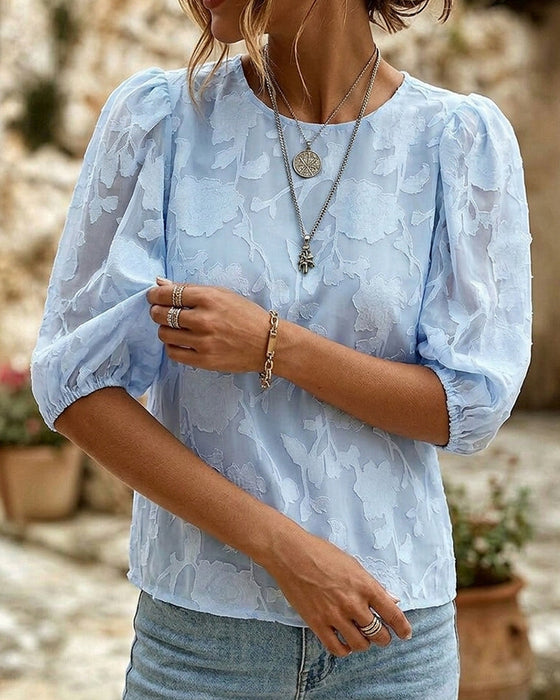 Ronde Hals Blouse Met Pofmouwen