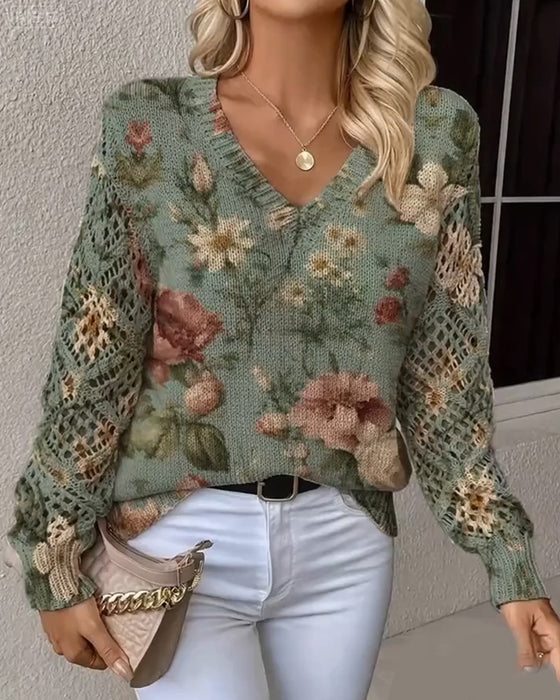 Pullover Jacquard V-Hals Hollow Lange Mouwen