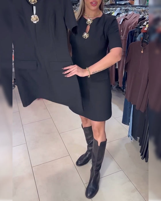 Jurk Metalen Gesp Getailleerd Kortmouwen