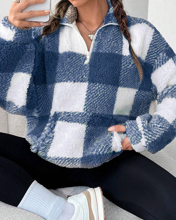 Sweatshirt Half-Zip Staande Kraag Ruitpatroon