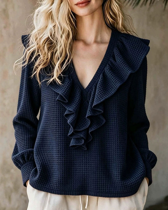 Blouse Wafelgebreid V-Hals Ruffle