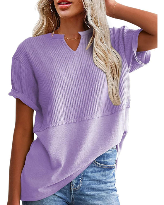 T-Shirt Getailleerde Taille Patchwork V-Hals Pullover
