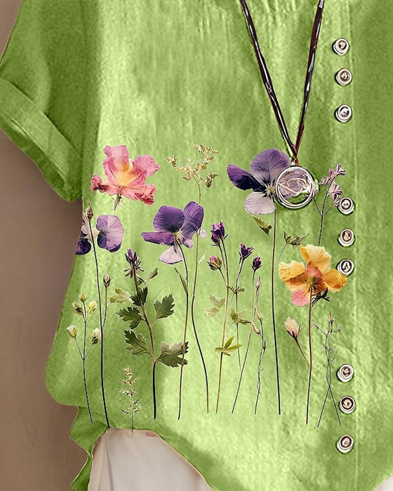 T-Shirt Bloemig Print Ronde Hals Korte Mouw