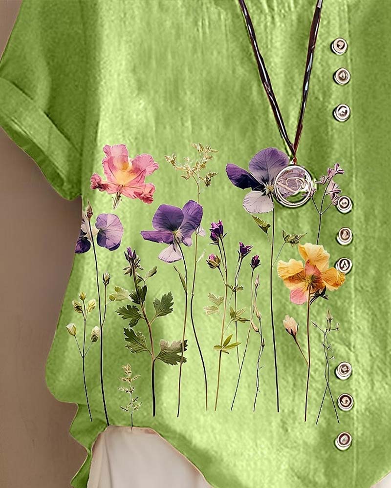 T-Shirt Bloemig Print Ronde Hals Korte Mouw