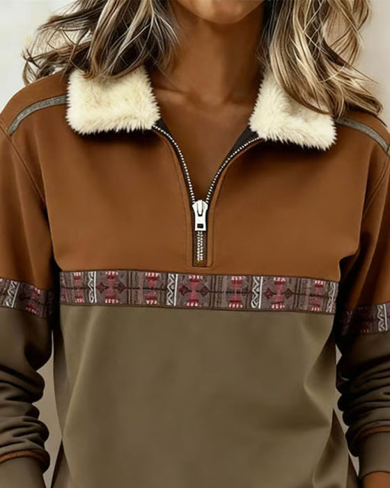 Sweatshirt Fleece Kleurblok Halfritsen