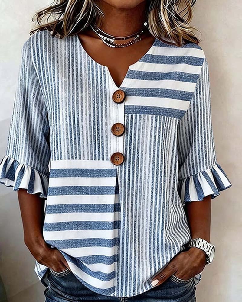 Gestreepte Blouse Met Ruchesmouwen
