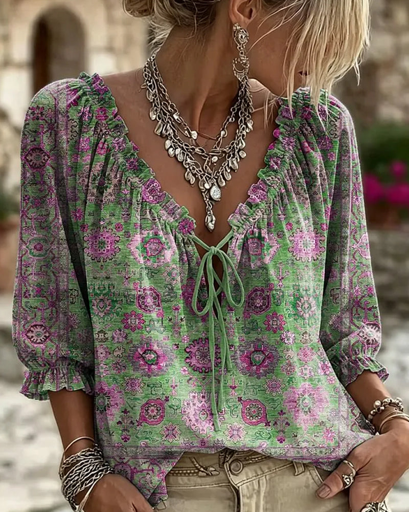 Blouse V-Hals Strik Vintage Print