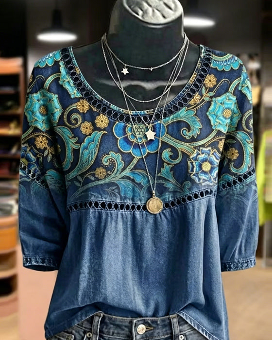 Blouse Hol Uit Print Vintage