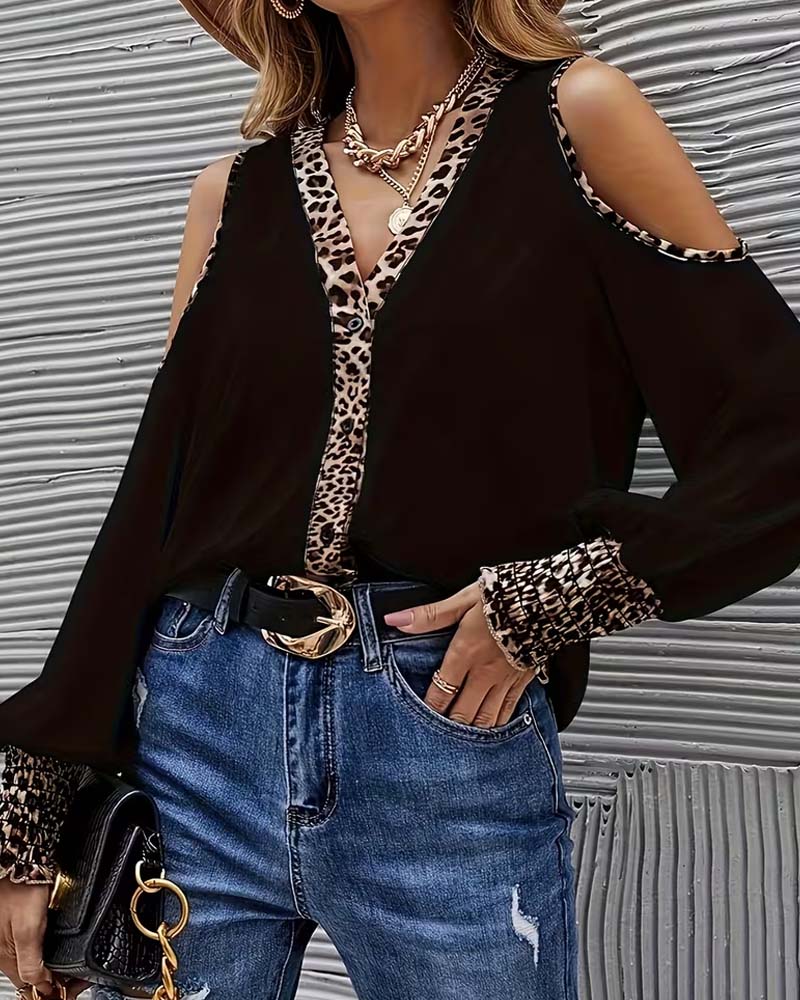 Blouse Off-Schouder Luipaard Patchwork Lange Mouw