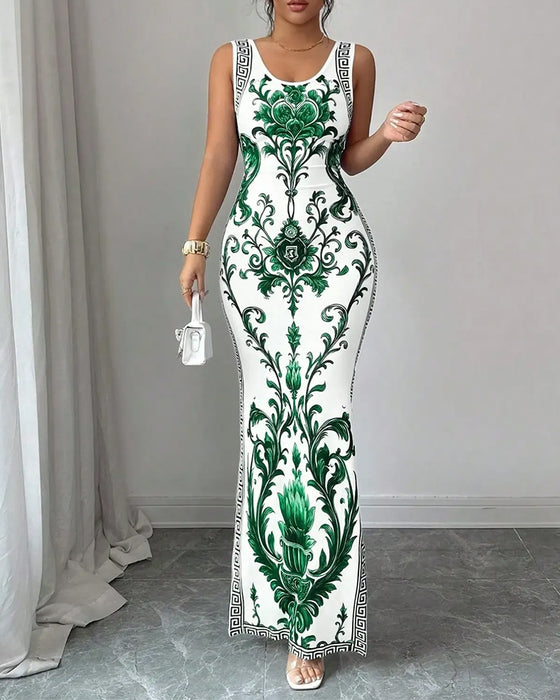 Jurk Porselein Blauw-Wit Mouwloos Split Maxi