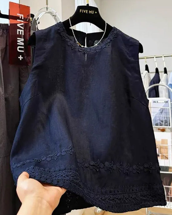 Tank Top Ronde Hals Geborduurde Rand