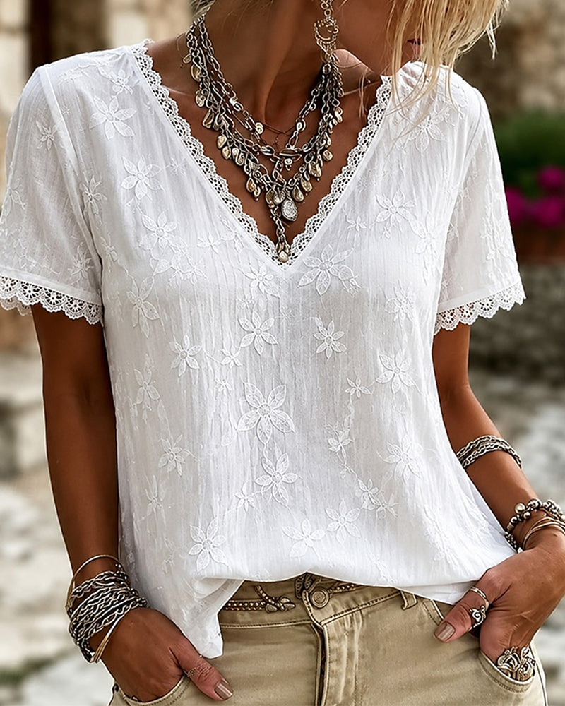Blouse V-Hals Kant Korte Mouw