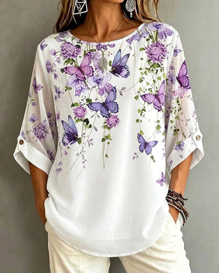 Blouse Rondhals Vlinder Bloemen