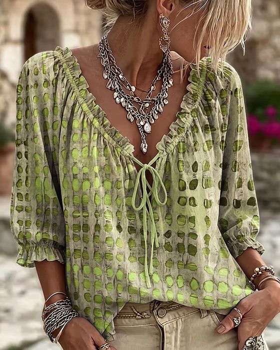 Blouse Stippenpatroon Met Vetersluiting