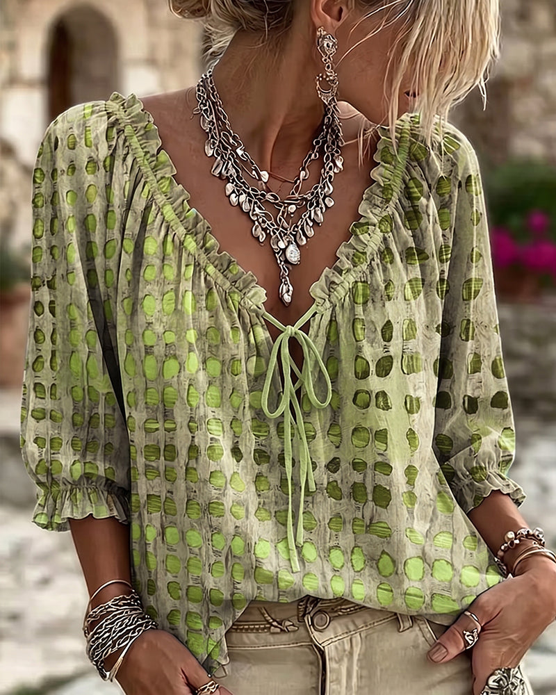 Blouse Stippenpatroon Met Vetersluiting