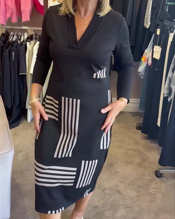Jurk Geometrische Streep V-Hals Bodycon Midi