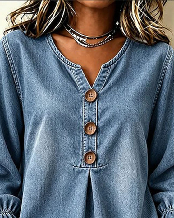 Top Denim V-Hals Knoop Ruchemouw