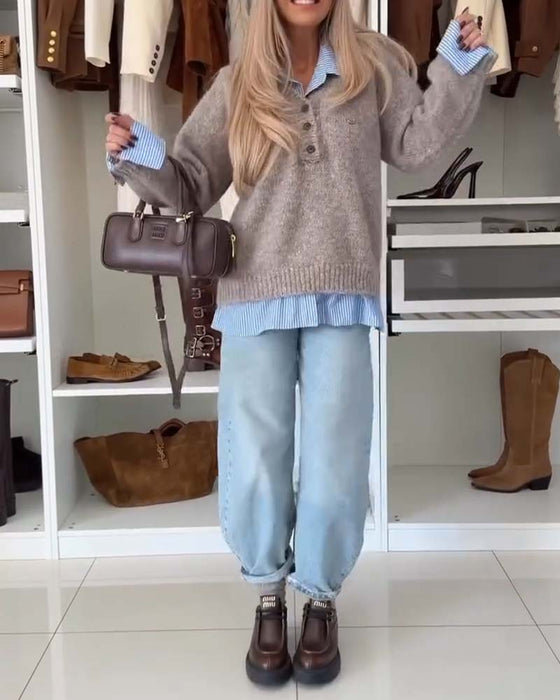 Langmouwige Pullover Met Button-Down Kraag