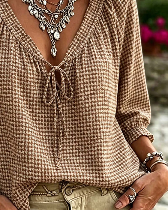 Blouse V-Hals Pofmouw Strik Ruitjesmotief