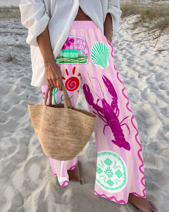 Broek Oceaan Print Wijd Pijp