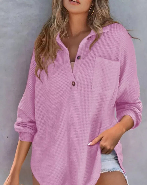 Blouse Effen Knoop-Down Los Kraag