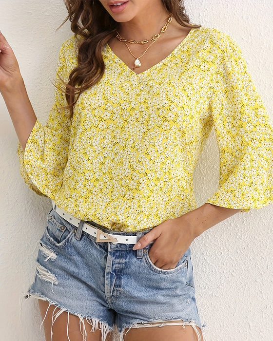 Blouse V-Hals Floraal Vlinder Mouw