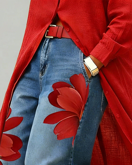 Bloemenprint Jeans Korte Wijde Pijpen