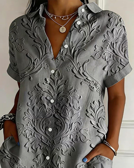 Shirt Knoopsgat Gebosseleerd Korte Mouw