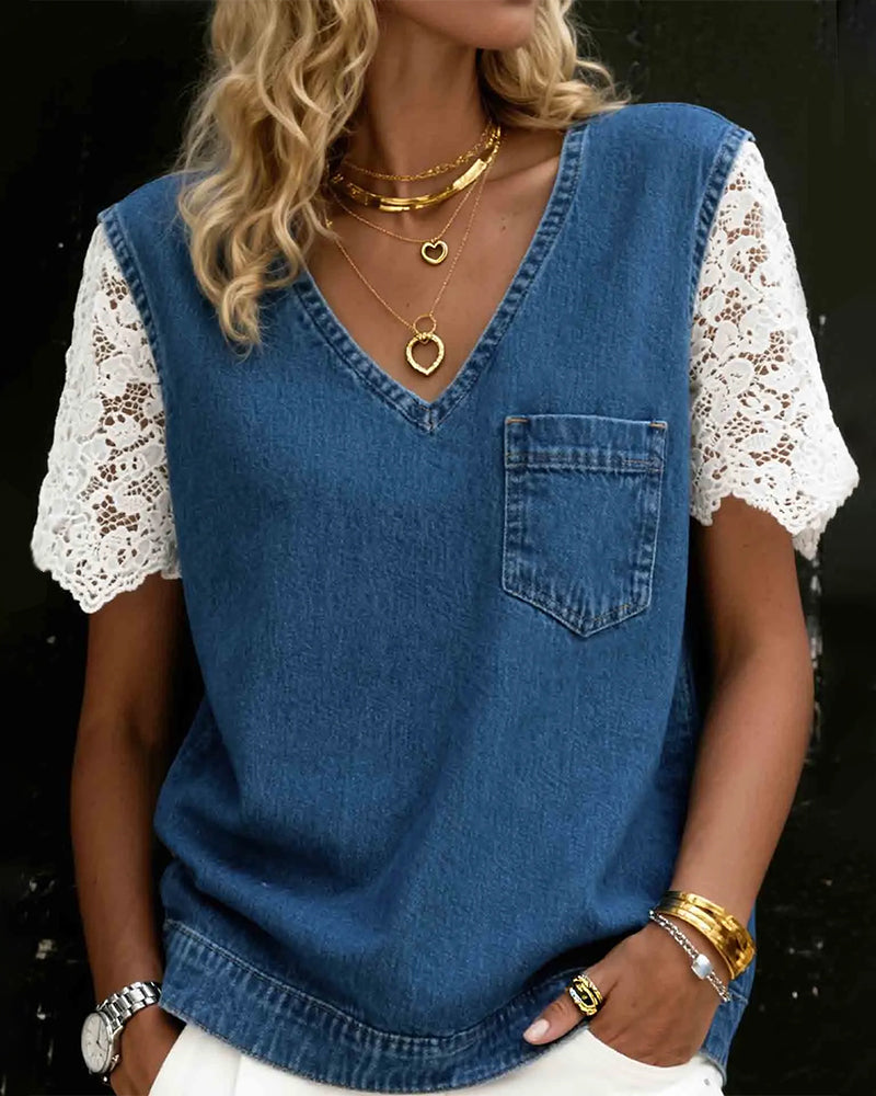 Haut Denim Dentelle Patchwork Col V