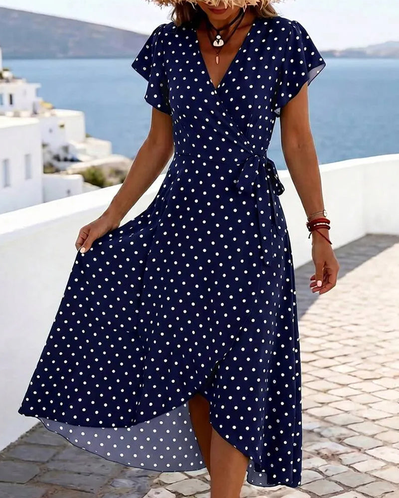Jurk V-Hals Stipje Ruffle Taille
