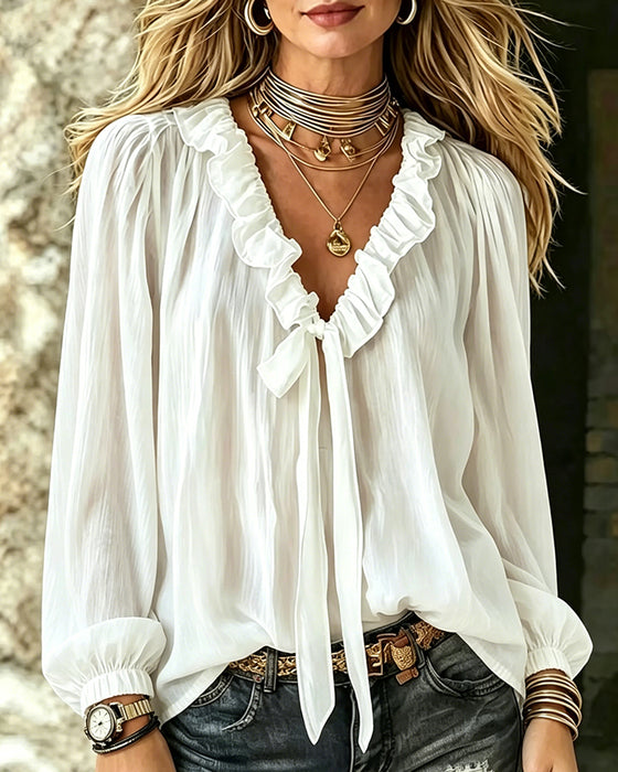 Blouse Ruffle Kraag Strik Lange Mouw