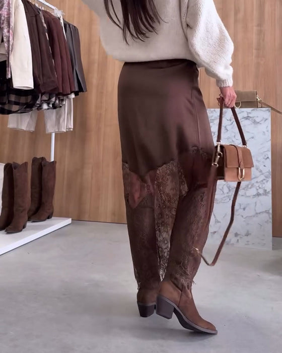 Elegante Satijnen Rok Met Kanten Patchwork