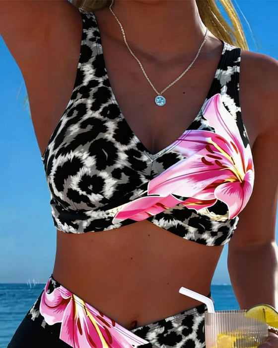 Bikini Luipaardprint Bloemig Contras Kleur