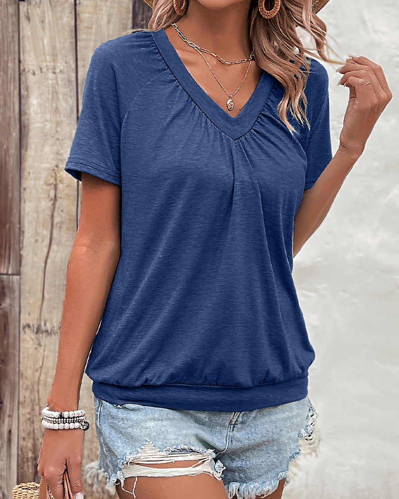T-Shirt Casual Geplisseerd V-Hals