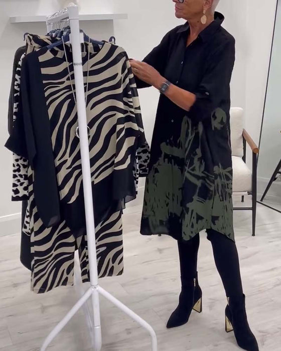 Contrasterende print revers knoop casual jurk
