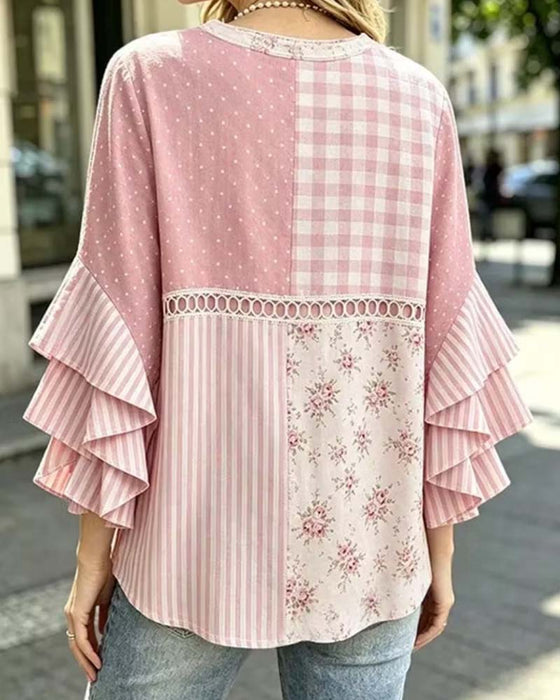 Blouse Dubbele Laag Ruche Mouwen Gestreept Stippenprint