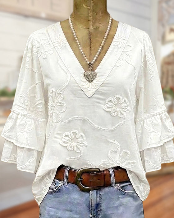 Blouse Driedimensionaal Reliëf Bloemen V-Hals Uitlopende Mouw