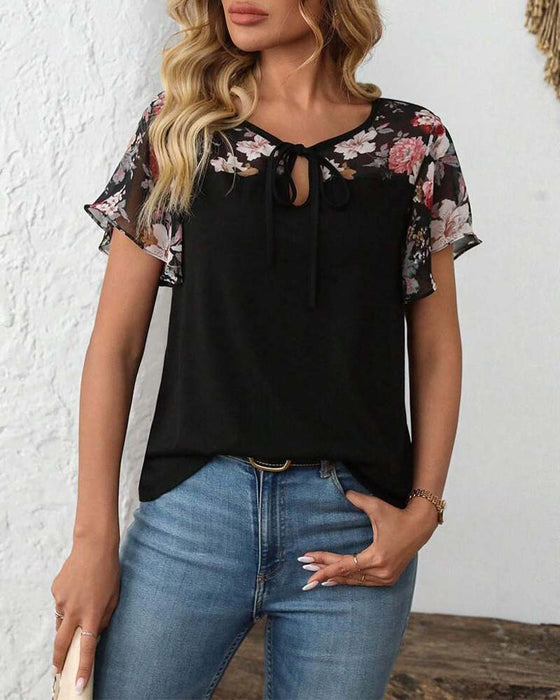 Blouse Korte Mouwen Vetersluiting Bedrukt