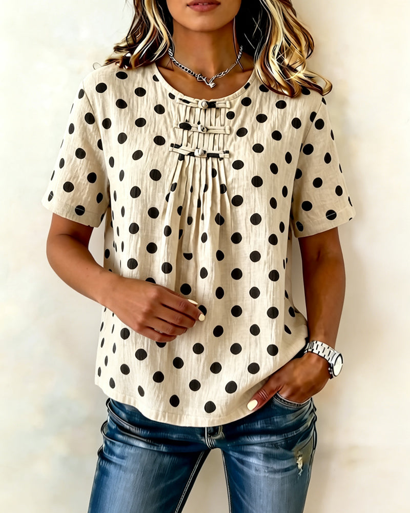Blouse Polka Dot Frog Button Korte Mouw