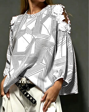 Blouse Ronde Hals Off-Schouder Geometrisch Los