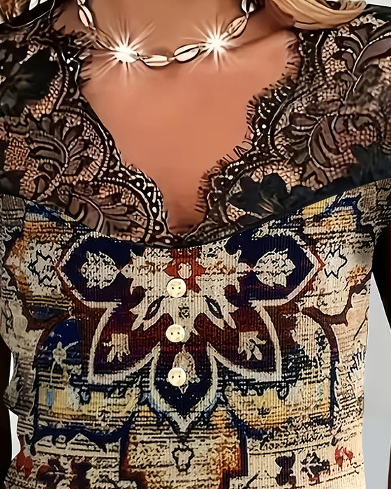 Retro Blouse Met V-Hals En Kantrand
