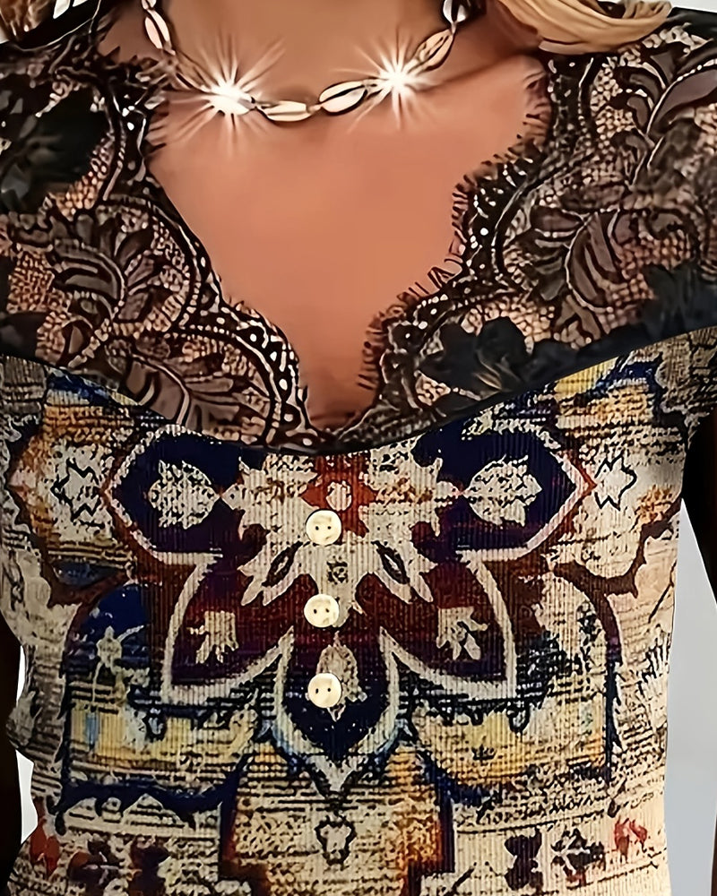 Retro Blouse Met V-Hals En Kantrand