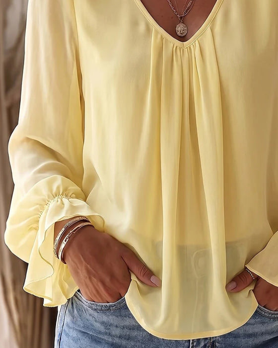 Blouse V-Hals Gerimpeld Pofmouw Ruffle