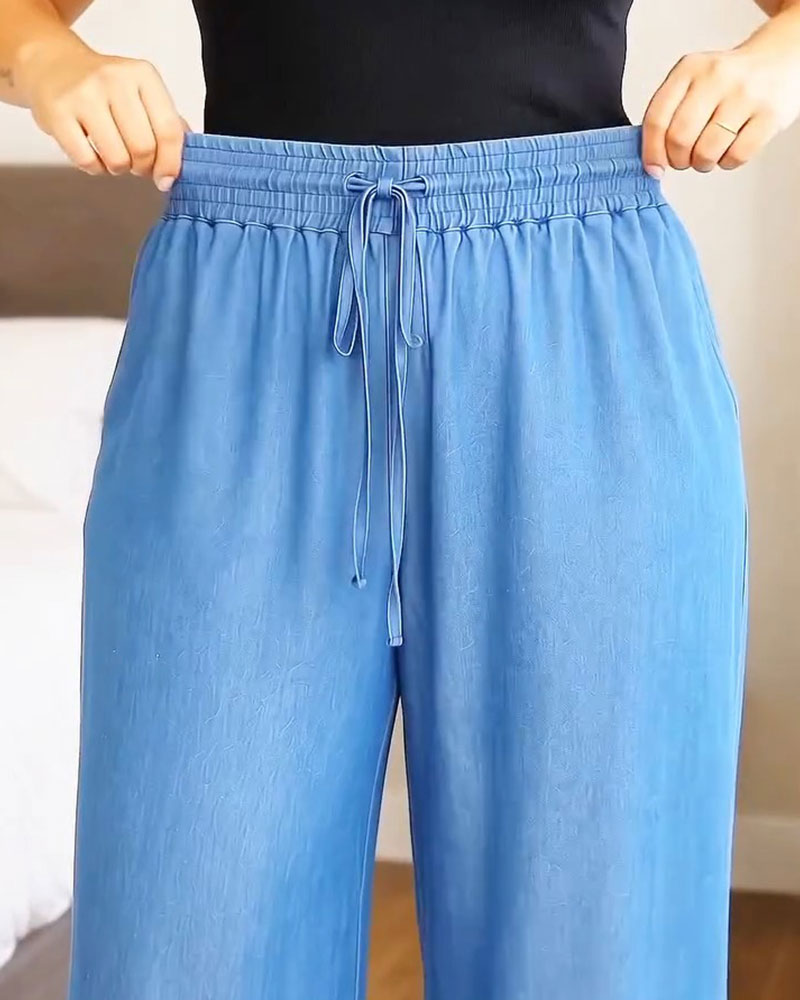 Broek Elastische Taille Trekkoord Effen Wijd Pijp Lang