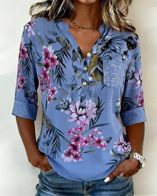 Blouse V-Hals Pailletten Bloemen