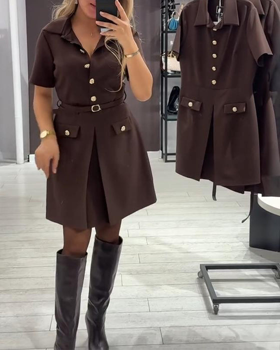 Jurk Geknoopt Kraag Korte Mouw